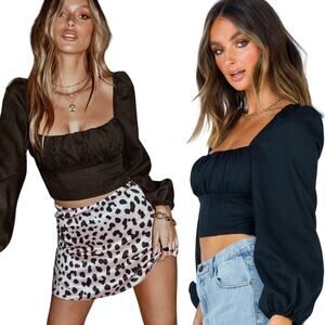 Princess Polly Ariah Balloon Sleeve Crop Top Square Neck Gathered Bodice Black 4